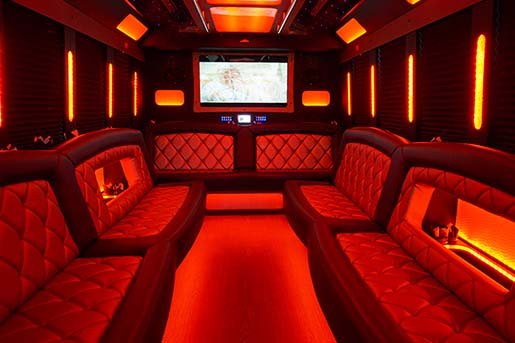 Party bus interior with cd players