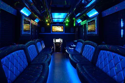 Party bus interior with bar area